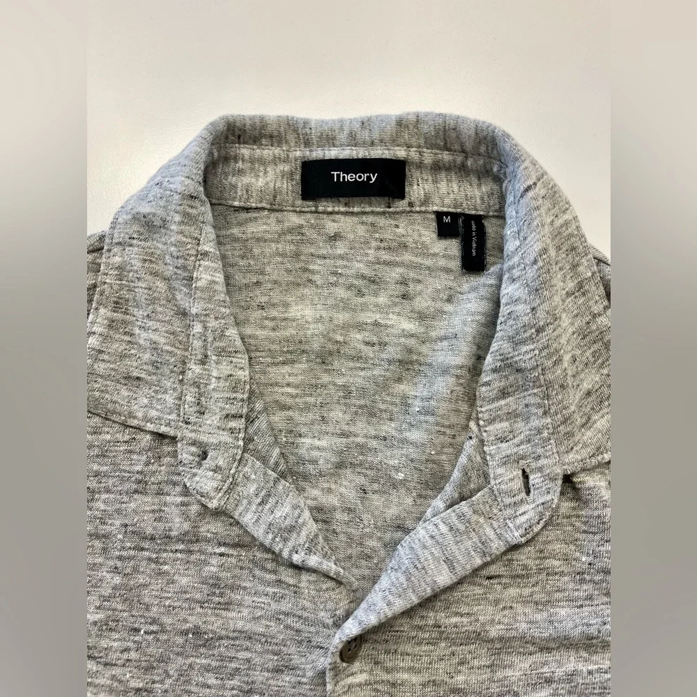 Men’s Theory Short Sleeve Button Front 100% Linen Jersey Heather Grey Shirt - Picture 2 of 6